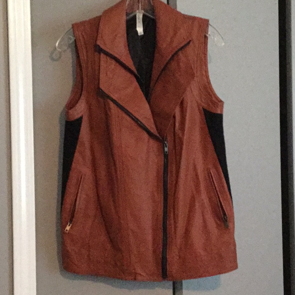 Mural Rust Brown Faux-Leather Asymmetrical Zip Vest with Black Panels